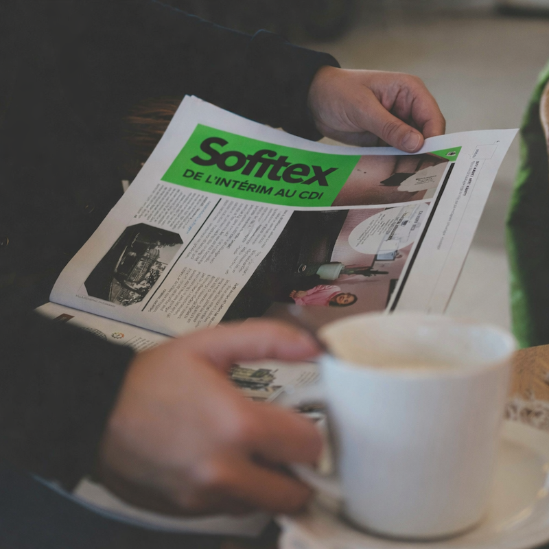Lecture du magazine Sofitex lors d'une pause café