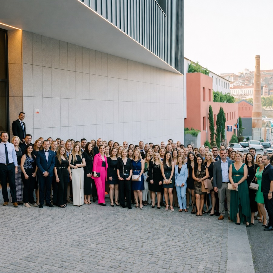 Photo de groupe des équipes Sofitex devant leur bâtiment